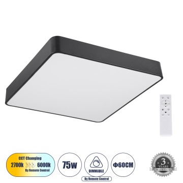 GLOBOSTAR® KAMALA 61208-S Μοντέρνο Φωτιστικό Οροφής LED 75W 8625lm 120° AC 220-240V IP20 Ρυθμιζόμενο Λευκό CCT με Χειριστήριο από 2700K έως 6000K Dimmable - Lumileds SMD Chip - Μαύρο Ματ - Μ60 x Π60 x Υ8cm