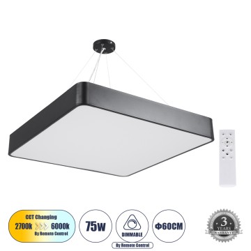 GLOBOSTAR® KAMALA  Μοντέρνο Κρεμαστό Φωτιστικό Οροφής LED 75W 8625lm 120° AC 220-240V IP20 Ρυθμιζόμενο Λευκό CCT με Χειριστήριο από 2700K έως 6000K Dimmable - Lumileds SMD Chip - Μαύρο Ματ - Μ60 x Π60 x Υ8cm