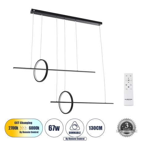 GLOBOSTAR® LINEARE  Μοντέρνο Κρεμαστό Φωτιστικό Οροφής LED 67W 7504lm 300° AC 220-240V IP20 Ρυθμιζόμενο Λευκό CCT με Χειριστήριο από 2700K έως 6000K Dimmable - Lumileds SMD Chip - Μαύρο Ματ - Μ130 x Π25 x Υ60cm