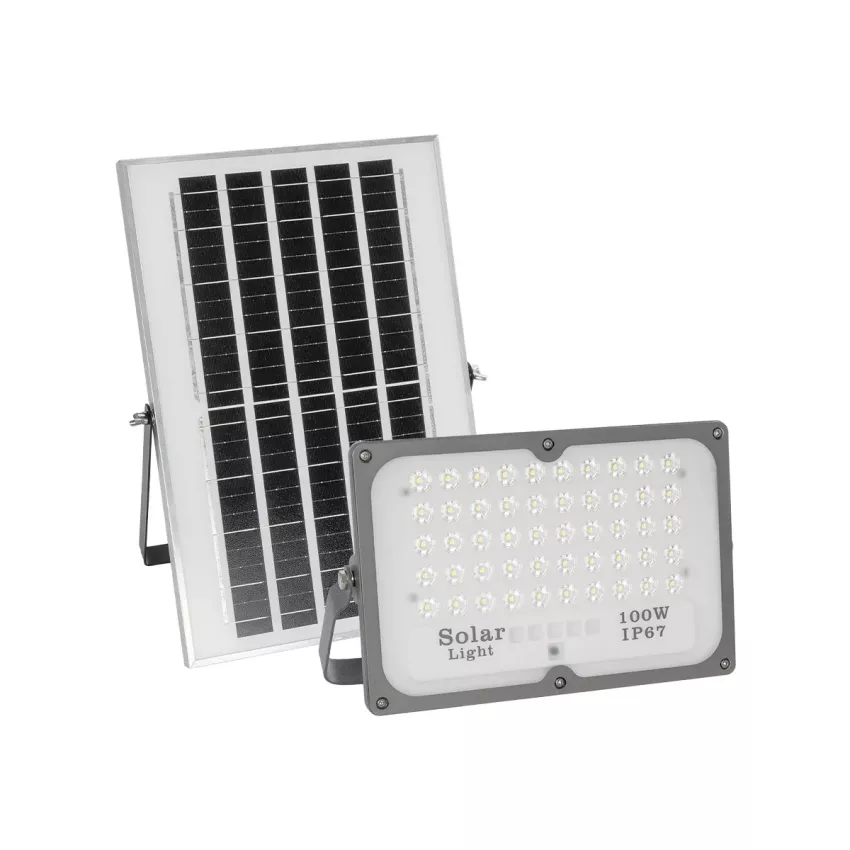 GLOBOSTAR® LUMOVOX  Προβολέας LED 100W 5000lm 120° DC 5V με Φωτοβολταϊκό Panel 5V 8W & Επαναφορτιζόμενη Μπαταρία Li-ion 3.2V 5000mAh Αδιάβροχο IP67 Ψυχρό Λευκό 6000K - 120 x SMD2835 Sanan Chip - Γκρι Ανθρακί - Μ25 x Π5.5 x Υ17.5cm
