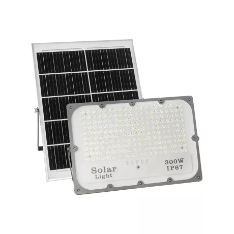 GLOBOSTAR® LUMOVOX  Προβολέας LED 300W 15000lm 120° DC 5V με Φωτοβολταϊκό Panel 5V 20W & Επαναφορτιζόμενη Μπαταρία Li-ion 3.2V 15000mAh Αδιάβροχο IP67 Ψυχρό Λευκό 6000K - 360 x SMD2835 Sanan Chip - Γκρι Ανθρακί - Μ37 x Π7.5 x Υ27cm