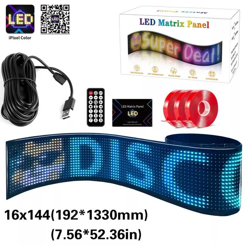 GLOBOSTAR® MATRIX  Εύκαμπτη Κυλιόμενη Ψηφιακή Επιγραφή 133x19.2cm P9 144x16 Pixel LED 10W DC 5V 2A με USB 2.0 Αδιάβροχο IP65 Πολύχρωμο RGB - Bluetooth Control μέσω iPIXEL APP - Μ133 x Π0.4 x Υ19.2cm