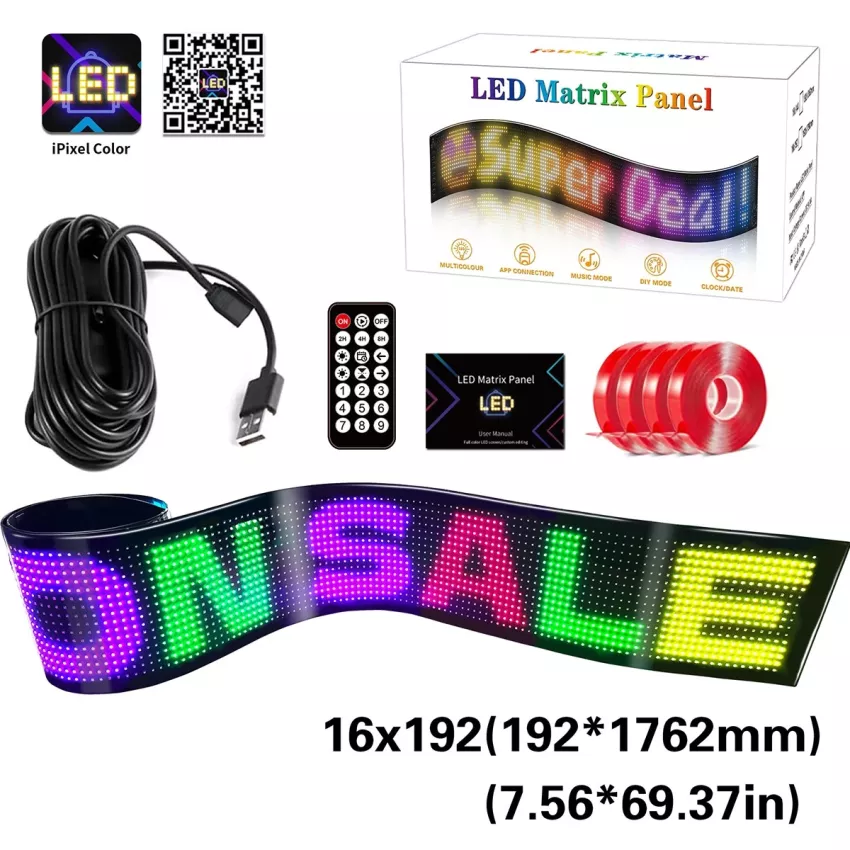 GLOBOSTAR® MATRIX  Εύκαμπτη Κυλιόμενη Ψηφιακή Επιγραφή 176.2x19.2cm P9 192x16 Pixel LED 10W DC 5V 2A με USB 2.0 Αδιάβροχο IP65 Πολύχρωμο RGB - Bluetooth Control μέσω iPIXEL APP - Μ176.2 x Π0.4 x Υ19.2cm