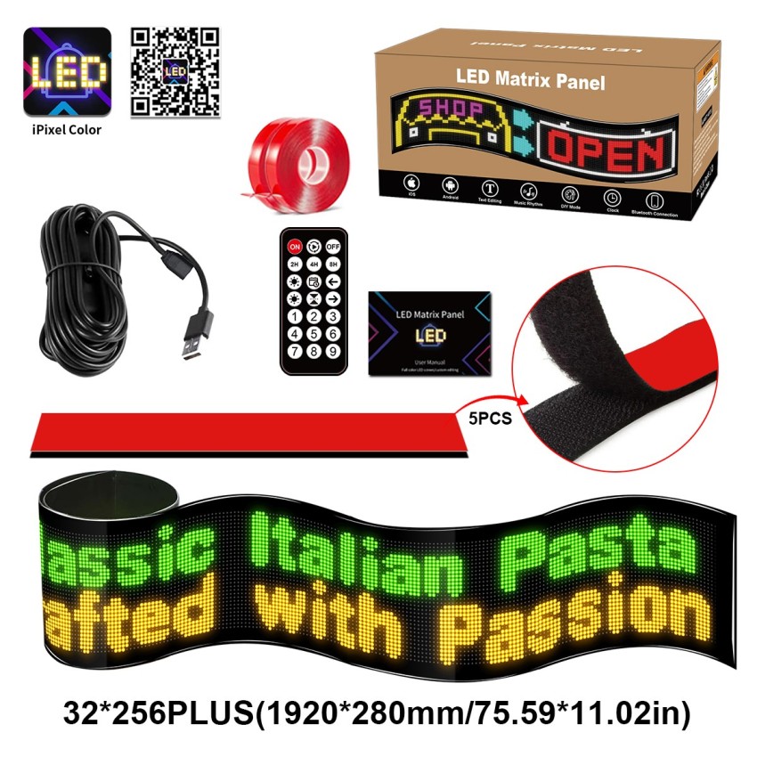 GLOBOSTAR® MATRIX  Εύκαμπτη Κυλιόμενη Ψηφιακή Επιγραφή 192x28cm P7 256x32 Pixel LED 40W AC 220-240V Αδιάβροχο IP65 Πολύχρωμο RGB - Bluetooth Control μέσω iPIXEL APP - Μ192 x Π0.4 x Υ28cm