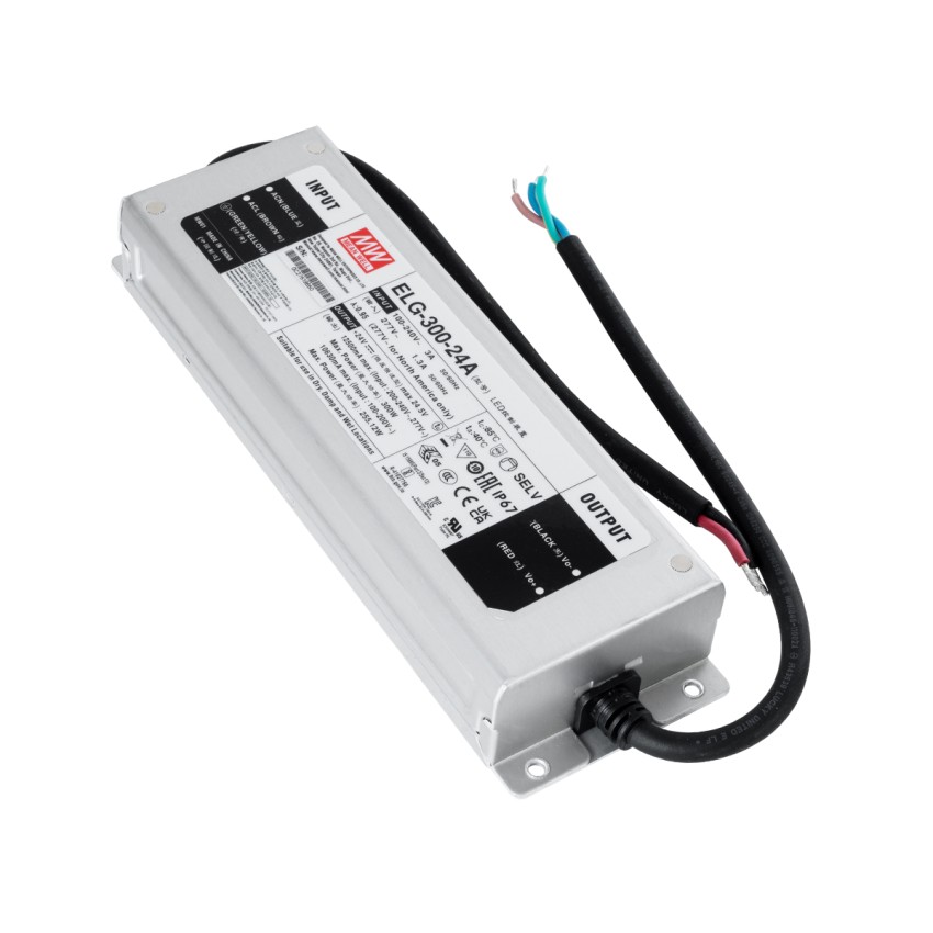 GLOBOSTAR® MEANWELL-ELG300-24A  Τροφοδοτικό/Μετασχηματιστής Class I SELV 300W 12.5A AC 220-240V σε DC 24V Αδιάβροχο IP67 - Ρυθμιζόμενo από DC 22.4V έως DC 25.6V - Ασημί - Μ24.6 x Π7.7 x Υ3.9cm