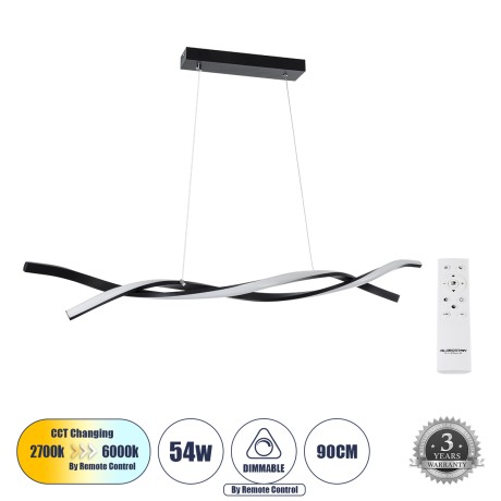 GLOBOSTAR® MORALES  Μοντέρνο Κρεμαστό Φωτιστικό Οροφής LED 54W 6048lm 300° AC 220-240V IP20 Ρυθμιζόμενο Λευκό CCT με Χειριστήριο από 2700K έως 6000K Dimmable - Lumileds SMD Chip - Μαύρο Ματ - Μ90 x Π14 x Υ14cm