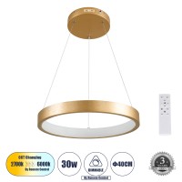 GLOBOSTAR® NEMESIS  Μοντέρνο Κρεμαστό Φωτιστικό Οροφής LED 30W 3513lm 360° AC 220-240V IP20 Ρυθμιζόμενο Λευκό CCT με Χειριστήριο από 2700K έως 6000K Dimmable - Lumileds SMD Chip - Χρυσό Βούρτσας - Μ40 x Π40 x Υ4cm