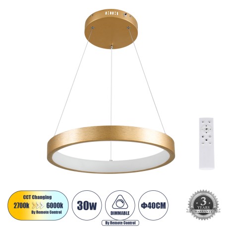 GLOBOSTAR® NEMESIS  Μοντέρνο Κρεμαστό Φωτιστικό Οροφής LED 30W 3513lm 360° AC 220-240V IP20 Ρυθμιζόμενο Λευκό CCT με Χειριστήριο από 2700K έως 6000K Dimmable - Lumileds SMD Chip - Χρυσό Βούρτσας - Μ40 x Π40 x Υ4cm