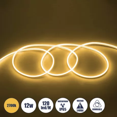 GLOBOSTAR® NEOVALE  Ταινία Neon Flex LED 12W/m 840lm/m 120° DC 24V Αδιάβροχο IP65 120 x SMD2835 Chip/m Θερμό Λευκό 2700K Dimmable - Sanan SMD Chip - Μ100 x Π0.8 x Υ1.6cm