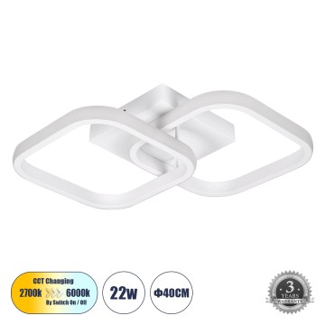 GLOBOSTAR® NORA  Μοντέρνο Φωτιστικό Οροφής LED 22W 2640lm 300° AC 220-240V IP20 Ρυθμιζόμενο Λευκό CCT με On/Off 2700K/4500K/6000K - Lumileds SMD Chip - Λευκό Ματ - Μ40 x Π24 x Υ7cm