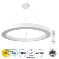 GLOBOSTAR® RA  Μοντέρνο Κρεμαστό Φωτιστικό Οροφής LED 100W 11020lm 120° AC 220-240V IP20 Ρυθμιζόμενο Λευκό CCT με Χειριστήριο από 2700K έως 6000K Dimmable - Lumileds SMD Chip - Λευκό Ματ - Μ120 x Π120 x Υ8cm