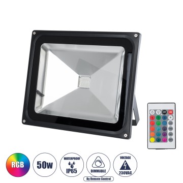 GLOBOSTAR® RGBFLOOD  Προβολέας με IR Ασύρματο Χειριστήριο LED 50W 3250lm 120° AC 220-240V Αδιάβροχο IP66 Πολύχρωμο RGB Dimmable - Μαύρο Ματ - Μ28.5 x Π23.5 x Υ10cm