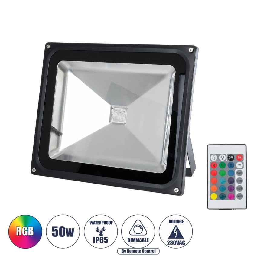 GLOBOSTAR® RGBFLOOD  Προβολέας με IR Ασύρματο Χειριστήριο LED 50W 3250lm 120° AC 220-240V Αδιάβροχο IP66 Πολύχρωμο RGB Dimmable - Μαύρο Ματ - Μ28.5 x Π23.5 x Υ10cm