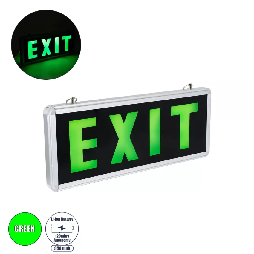 GLOBOSTAR® SENSATI  Διακοσμητικό Φωτιστικό Τοίχου Ένδειξης / Σήμανσης "EXIT" LED 1W 40lm 90° AC 220-240V με Επαναφορτιζόμενη Μπαταρία Li-ion 3.7V 350mAh IP20 Πράσινο - SMD2835 Sanan Chip - Νίκελ Βούρτσας & Μαύρο - Μ35 x Π14 x Υ3.3cm