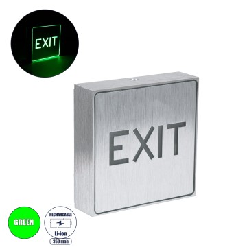 GLOBOSTAR® SENSATI  Διακοσμητικό Φωτιστικό Τοίχου Ένδειξης / Σήμανσης "EXIT" LED 1W 40lm 90° AC 220-240V με Επαναφορτιζόμενη Μπαταρία Li-ion 3.7V 350mAh IP20 Πράσινο - Star LED Chip -Νίκελ Βούρτσας - Μ11 x Π11 x Υ3cm