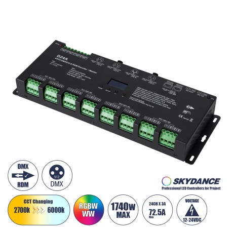 GLOBOSTAR® SKYDANCE-D24A  DC DMX Master Dimmer / Controller / Decoder Υψηλής Ταχύτητας με 24 x 3A 72W Κανάλια DC 12-24V 72.5A 1740W Max IP20 - DMX512 & RDM - Μ16.7 x Π5 x Υ2.4cm