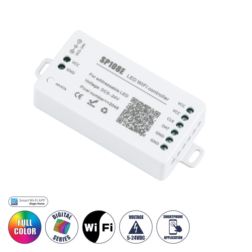 GLOBOSTAR® SP108E  WiFi 2.4G Ψηφιακός Pixel Addressable Controller DC 5-12-24V IP20 - WiFi 2.4G - SPI/TTL Protocol 2048 IC - Μ8.1 x Π4.3 x Υ2.1cm