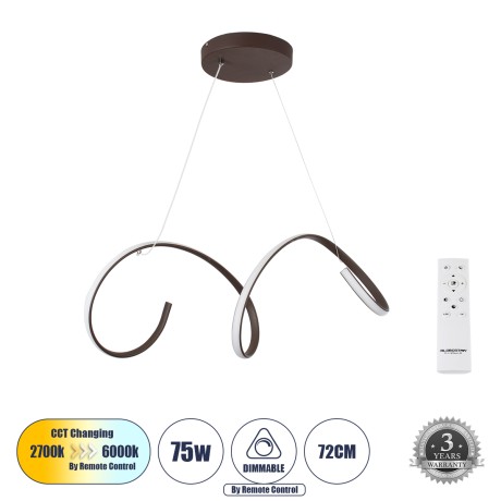 GLOBOSTAR® SPIRALE  Μοντέρνο Κρεμαστό Φωτιστικό Οροφής LED 75W 8400lm 300° AC 220-240V IP20 Ρυθμιζόμενο Λευκό CCT με Χειριστήριο από 2700K έως 6000K Dimmable - Lumileds SMD Chip - Καφέ Ματ - Μ72 x Π25 x Υ30cm