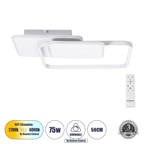 GLOBOSTAR® SQUARO  Μοντέρνο Φωτιστικό Οροφής LED 75W 8400lm 360° AC 220-240V IP20 Ρυθμιζόμενο Λευκό CCT με Χειριστήριο από 2700K έως 6000K Dimmable - Lumileds SMD Chip - Λευκό Ματ - Μ48.5 x Π51 x Υ9cm