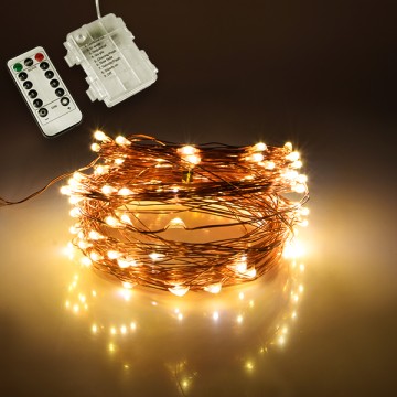 GLOBOSTAR® STRINGLIGHT  Σετ Γιρλάντας 10m 100 LED με Κουτί Τροφοδοσίας & RF Ασύρματο Χειριστήριο LED 6W 420lm 360° DC 5V με 3xAAA Μπαταρίες Αδιάβροχο IP54 Θερμό Λευκό 2700Κ Dimmable - Χάλκινο - Μ1000 x Π0.6 x Υ0.6cm