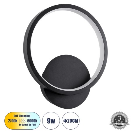 GLOBOSTAR® TED  Μοντέρνο Φωτιστικό Τοίχου - Απλίκα LED 9W 1080lm 300° AC 220-240V IP20 Ρυθμιζόμενο Λευκό CCT με On/Off 2700K/4500K/6000K - Lumileds SMD Chip - Μαύρο Ματ - Μ20 x Π5.5 x Υ23cm