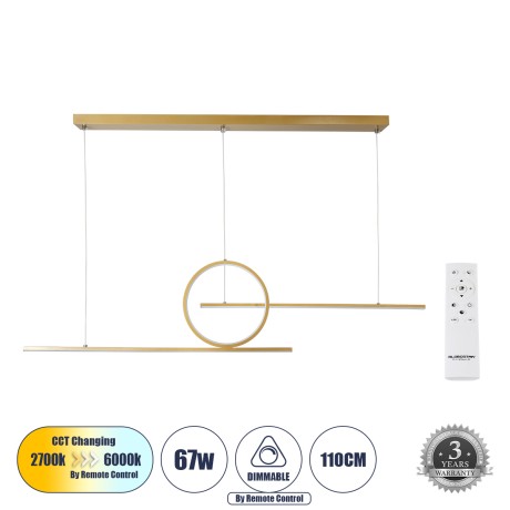 GLOBOSTAR® TEREZA  Μοντέρνο Κρεμαστό Φωτιστικό Οροφής LED 67W 7504lm 300° AC 220-240V IP20 Ρυθμιζόμενο Λευκό CCT με Χειριστήριο από 2700K έως 6000K Dimmable - Lumileds SMD Chip - Χρυσό Βούρτσας - Μ110 x Π4.5 x Υ34cm