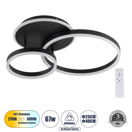 GLOBOSTAR® VENOM  Μοντέρνο Φωτιστικό Οροφής LED 67W 8107lm 360° AC 220-240V IP20 Ρυθμιζόμενο Λευκό CCT με Χειριστήριο από 2700K έως 6000K Dimmable - Lumileds SMD Chip - Μαύρο Ματ - Μ60 x Π40 x Υ12.5cm