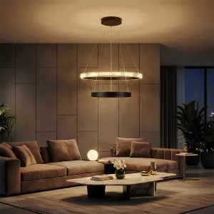 kelvo® DIAMOND  Κρεμαστό Φωτιστικό Οροφής LED 75W 7500lm 360° AC 220-240V IP20 Ρυθμιζόμενο Λευκό CCT με Χειριστήριο από 2700K έως 6000K Dimmable - Lumileds SMD Chip - Μαύρο Ματ - Μ60 x Π60 x Υ40cm