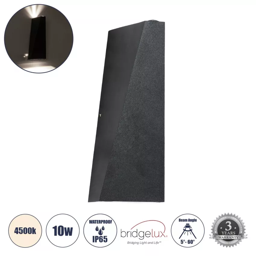 TRIANDE  Φωτιστικό Τοίχου - Απλίκα Αρχιτεκτονικού Φωτισμού Εσωτερικού/Εξωτερικού Χώρου Up & Down LED 10W 1200lm 5° & 60° AC 220-240V IP65 Μ8.5 x Π8.5 x Υ20cm - Φυσικό Λευκό 4500K - Μαύρο Αλουμίνιο - Bridgelux Chip