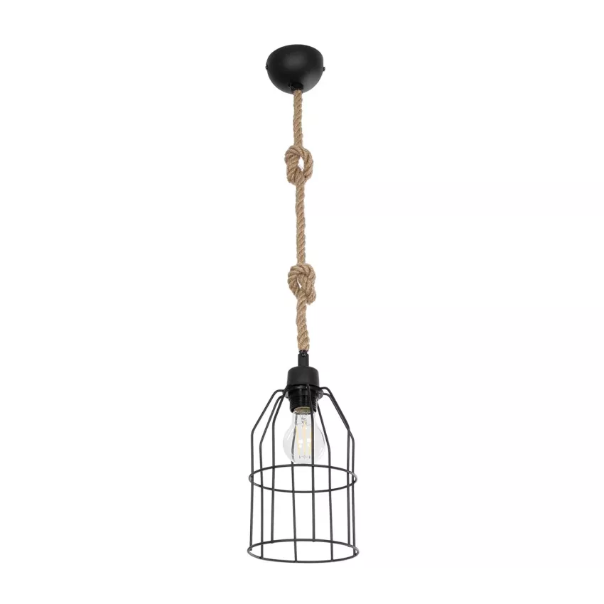 TALAH  Vintage Κρεμαστό Φωτιστικό Σχοινί Μονόφωτο 1 x E27 IP20 Μαύρο Μέταλλο με Μπεζ Σχοινί - Μ14 x Π14 x Υ90cm