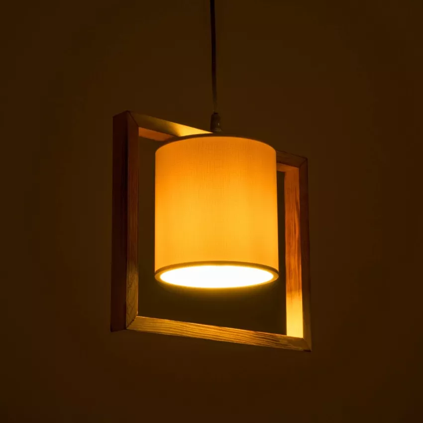 CUP  Vintage Κρεμαστό Φωτιστικό Ανάρτηση Μονόφωτο 1 x E27 IP20 Μπεζ Ξύλο με Λευκό Ύφασμα - Μ28 x Π14 x Υ24cm