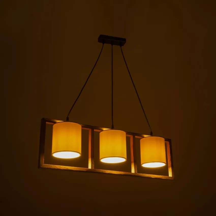 CUP  Vintage Κρεμαστό Φωτιστικό Ανάρτηση Τρίφωτο 3 x E27 IP20 Καρυδί Ξύλο Με Λευκό Καπέλο- Μ80 x Π20 x Υ76cm