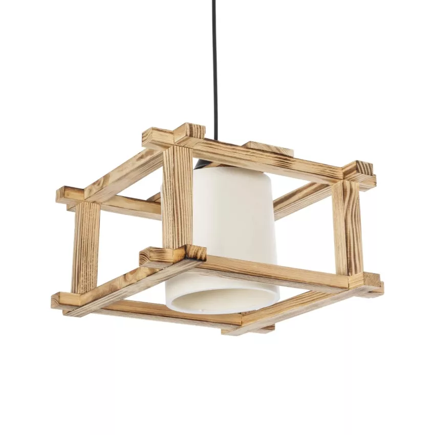 CUP  Vintage Κρεμαστό Φωτιστικό Πλέγμα Μονόφωνο 1 x E27 IP20 Μπεζ Ξύλο με Λευκό Ύφασμα - Μ32 x Π32 x Υ20cm