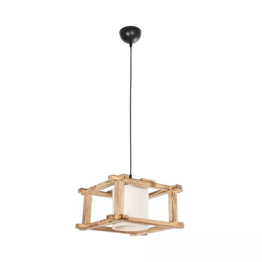 CUP  Vintage Κρεμαστό Φωτιστικό Πλέγμα Μονόφωνο 1 x E27 IP20 Μπεζ Ξύλο με Λευκό Ύφασμα - Μ32 x Π32 x Υ20cm