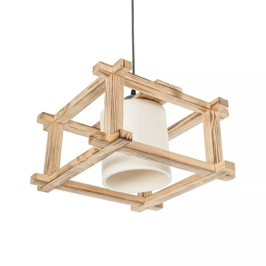 CUP  Vintage Κρεμαστό Φωτιστικό Πλέγμα Μονόφωνο 1 x E27 IP20 Μπεζ Ξύλο με Λευκό Ύφασμα - Μ32 x Π32 x Υ20cm