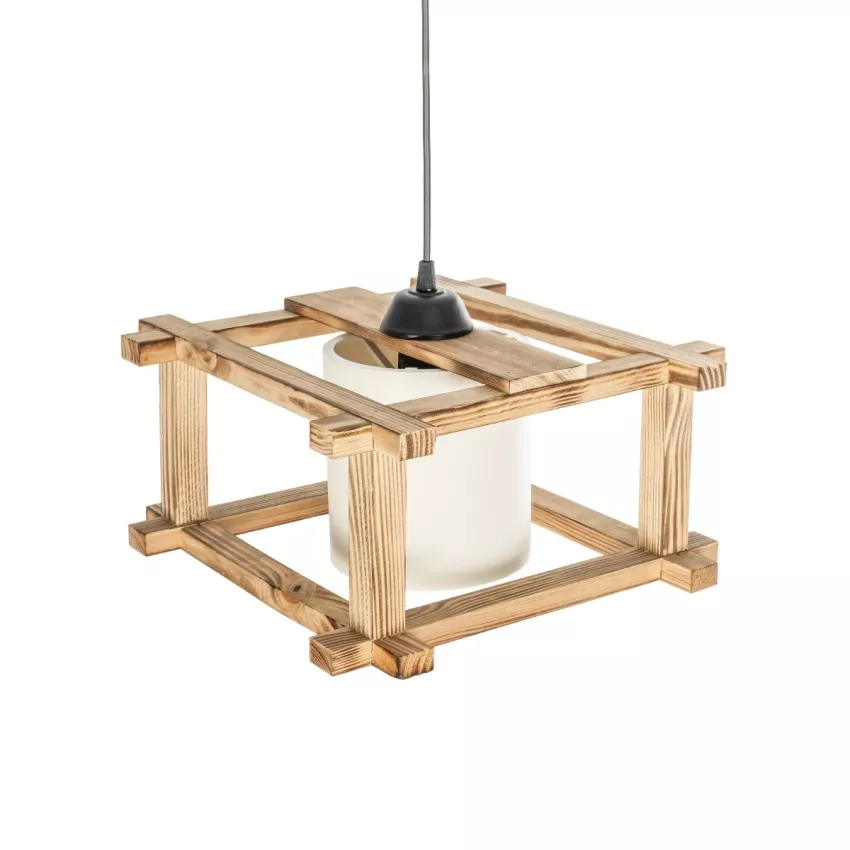 CUP  Vintage Κρεμαστό Φωτιστικό Πλέγμα Μονόφωνο 1 x E27 IP20 Μπεζ Ξύλο με Λευκό Ύφασμα - Μ32 x Π32 x Υ20cm