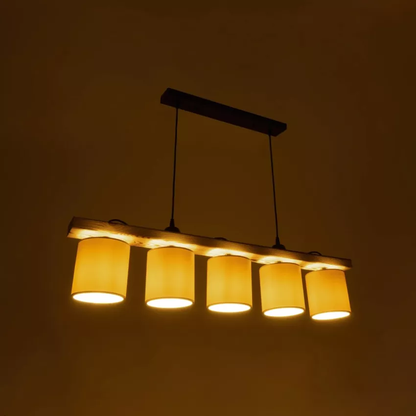 CUP  Vintage Κρεμαστό Φωτιστικό Ράγα Πολύφωτο 5 x E27 IP20 Καρυδί Ξύλο Με Λευκό Καπέλο- Μ100 x Π15 x Υ73cm