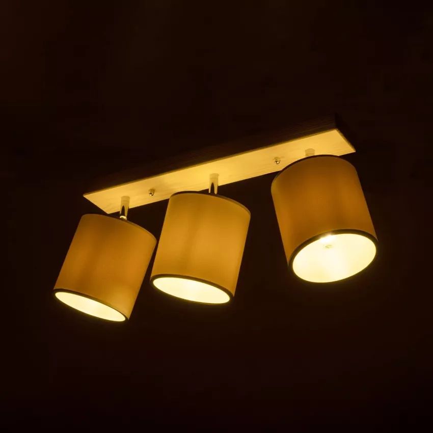 CUP  Vintage Φωτιστικό Οροφής Ράγα Τρίφωτο 3 x E27 IP20 Μπέζ Ξύλο με Λευκό Ύφασμα - Μ60 x Π14 x Υ26cm