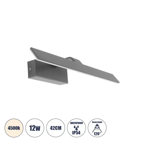 MIRROR  Φωτιστικό Τοίχου - Απλίκα LED 12W 1440lm 120° AC 85-265V IP54 Φυσικό Λευκό 4500K Γκρι Μέταλλο - Μ42 x Π5 x Υ15cm