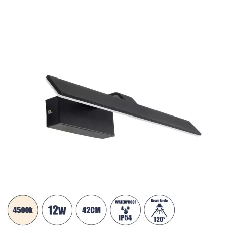 MIRROR  Φωτιστικό Τοίχου - Απλίκα LED 12W 1440lm 120° AC 85-265V IP54 Φυσικό Λευκό 4500K Μαύρο Μέταλλο - Μ42 x Π5 x Υ15cm