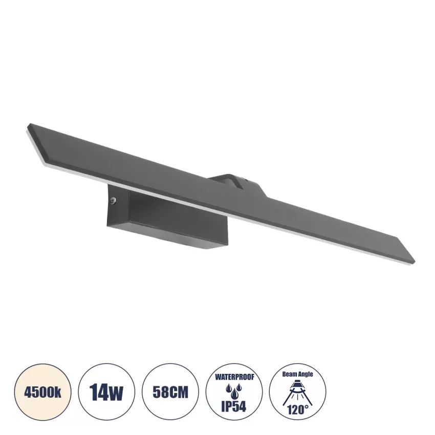 MIRROR  Φωτιστικό Τοίχου - Απλίκα LED 14W 1680lm 120° AC 85-265V IP54 Φυσικό Λευκό 4500K Γκρι Μέταλλο - Μ58 x Π15 x Υ6cm