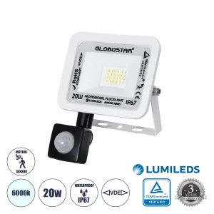 AURORA  Επαγγελματικός Προβολέας LED 20W 2500lm 120° AC 220-240V με Ενσωματωμένο Ρυθμιζόμενο Αισθητήρα Κίνησης PIR - Αδιάβροχος IP67 - Μ12 x Π5 x Υ14.5cm - Λευκό - Ψυχρό Λευκό 6000K - LUMILEDS Chips
