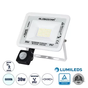 AURORA  Επαγγελματικός Προβολέας LED 30W 3750lm 120° AC 220-240V με Ενσωματωμένο Ρυθμιζόμενο Αισθητήρα Κίνησης PIR - Αδιάβροχος IP67 - Μ16 x Π5 x Υ17.5cm - Λευκό - Ψυχρό Λευκό 6000K - LUMILEDS Chips