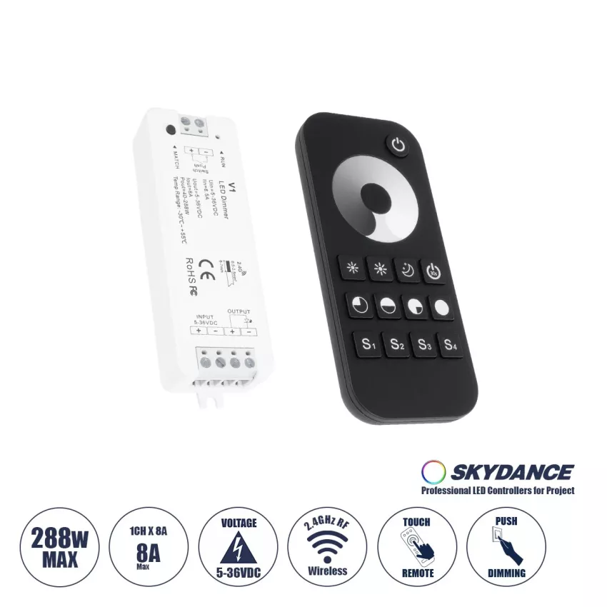 RT1+V1 SKYDANCE ΣΕΤ Dimmer & Ασύρματο Χειριστήριο Αφής 1 Group RF 2.4Ghz 8A Max DC 5-36V (288W) - DC 3V IP20