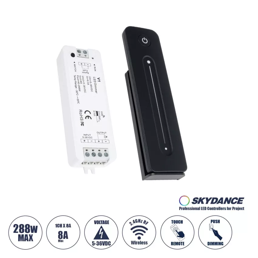 V1+R11 SKYDANCE ΣΕΤ Dimmer & Ασύρματο Χειριστήριο Αφής 1 Group RF 2.4Ghz 8A Max DC 5-36V (288W) - DC 3V IP20
