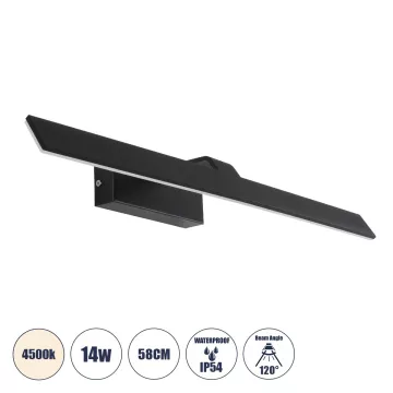 MIRROR  Φωτιστικό Τοίχου - Απλίκα LED 14W 1680lm 120° AC 85-265V IP54 Φυσικό Λευκό 4500K Μαύρο Μέταλλο - Μ58 x Π15 x Υ6cm