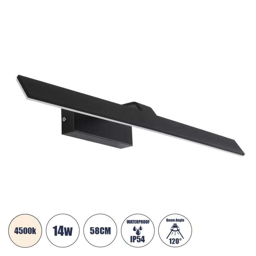 MIRROR  Φωτιστικό Τοίχου - Απλίκα LED 14W 1680lm 120° AC 85-265V IP54 Φυσικό Λευκό 4500K Μαύρο Μέταλλο - Μ58 x Π15 x Υ6cm