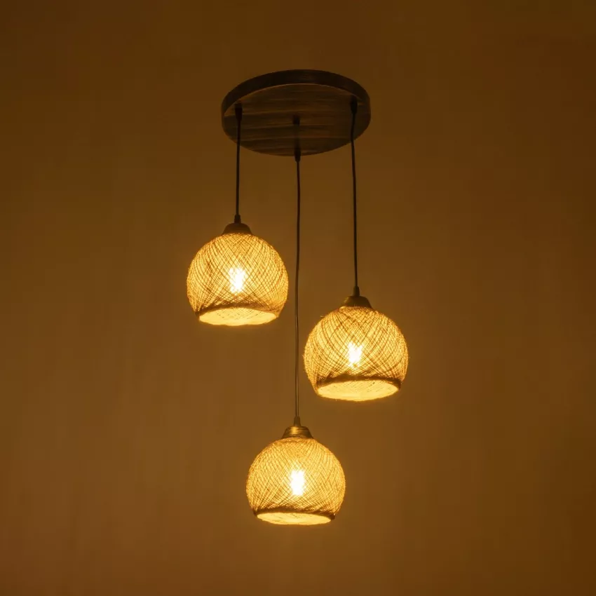 GLOBOSTAR® YASAM  Vintage Κρεμαστό Φωτιστικό Οροφής με Ντουί 3 x E27 AC 220-240V IP20 - Καφέ - Μ42 x Π42 x Υ54cm