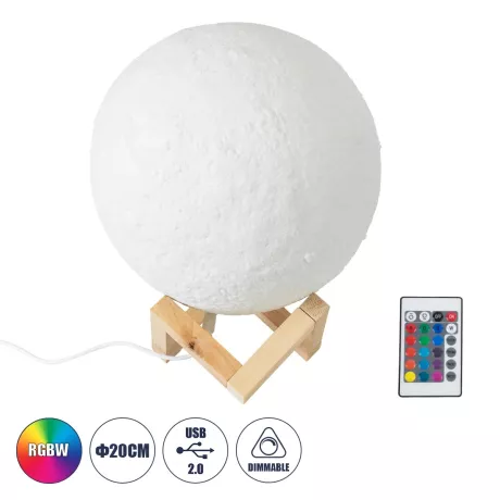 MOON  Επιτραπέζιο Φωτιστικό LED 3W 150lm 360° DC 5V IP20 RGB Dimmable Λευκό Πλαστικό με Μπεζ Ξύλο - Λειτουργία μόνο σε ρεύμα, χωρίς μπαταρίες - Μ20 x Π20 x Υ23cm
