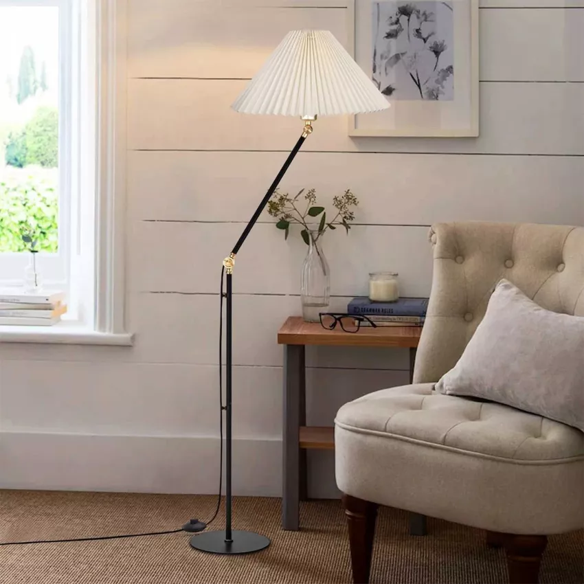 FLY  Μοντέρνο Eπιδαπέδιο Φωτιστικό Μονόφωτο 1 x E27 IP20 Μαύρο & Χρυσό Μέταλλο με Μπεζ Ύφασμα - Μ38 x Π38 x Υ155cm